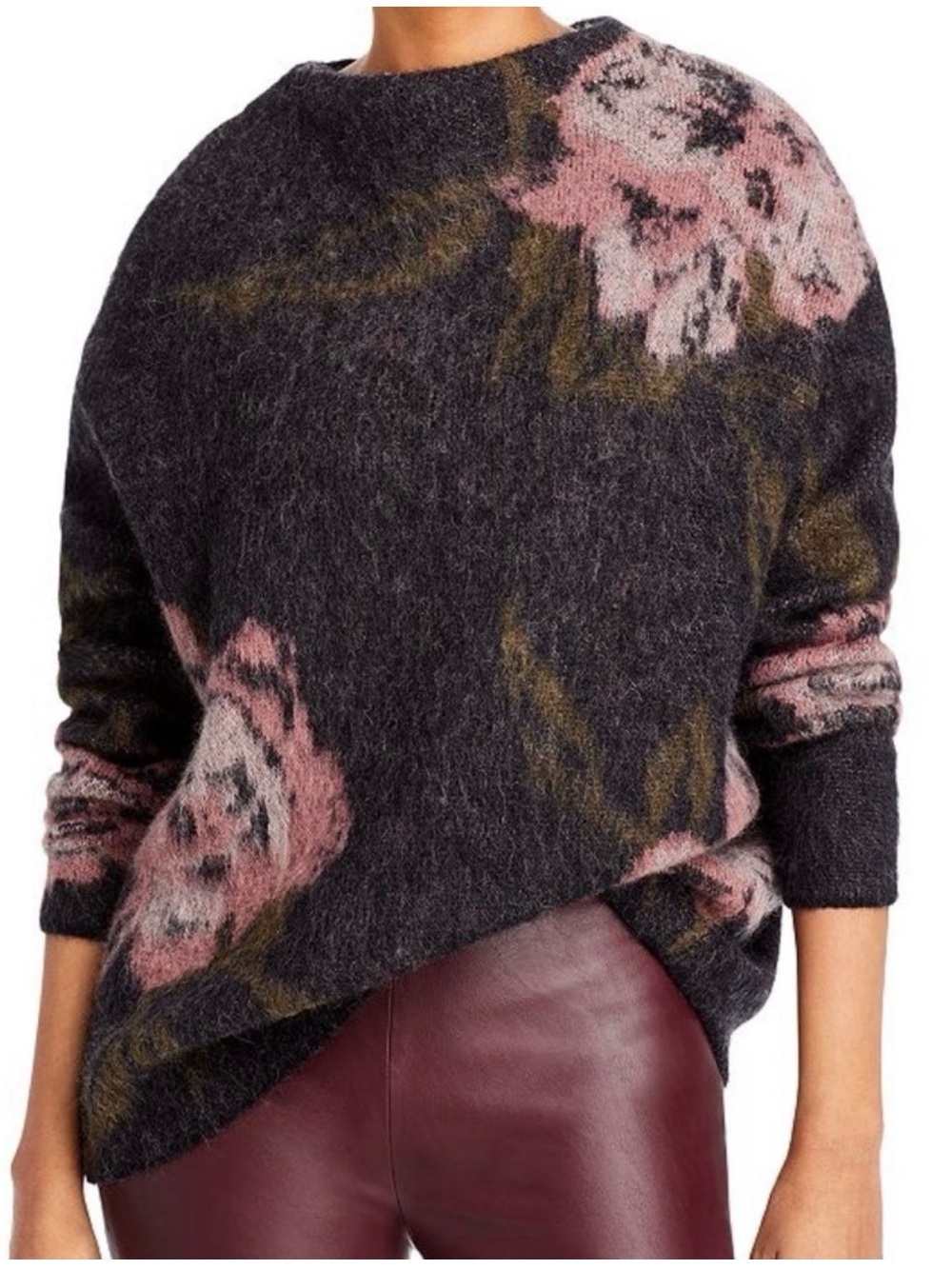 VINCE Rose Jacquard Funnel Neck Sweater L